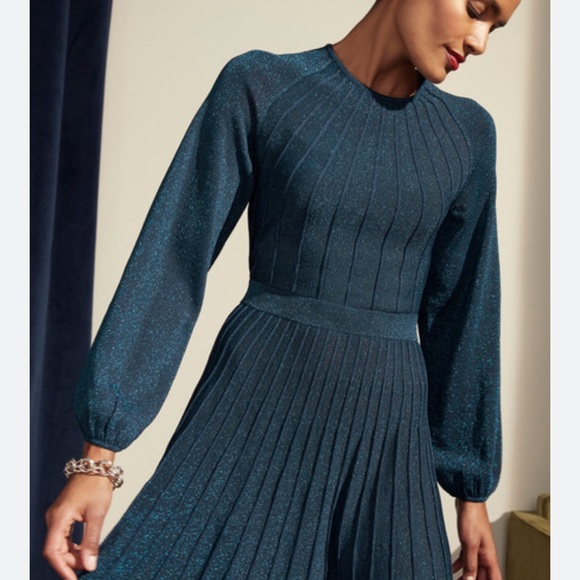 THE FOLD London Lumia Knitted Long Sleeve Pleated Midi Dress in Metallic Blue - Picture 3 of 16